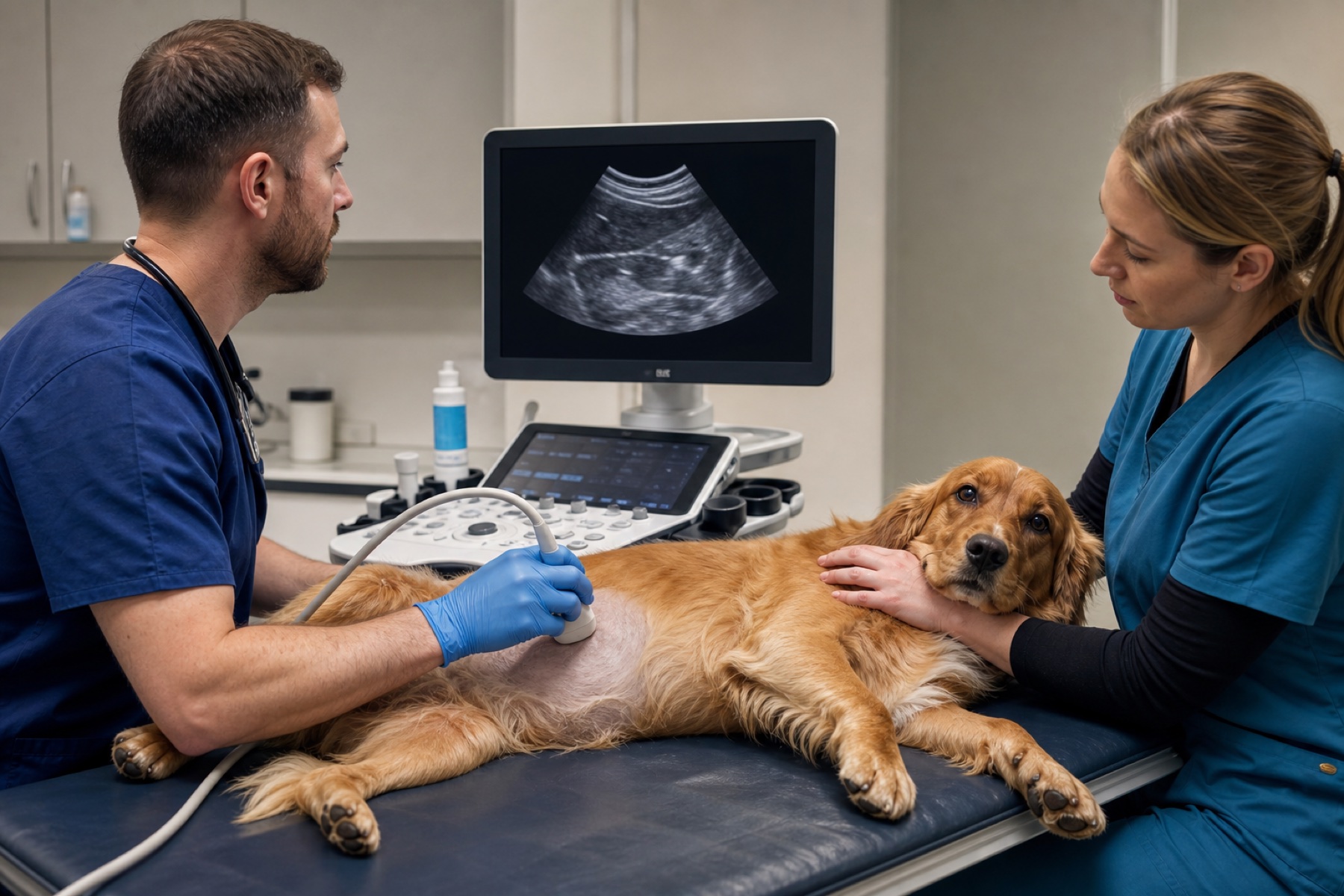 Veterinarian performing an abdominal ultrasound examination on a calm dog supported by a veterinary nurse