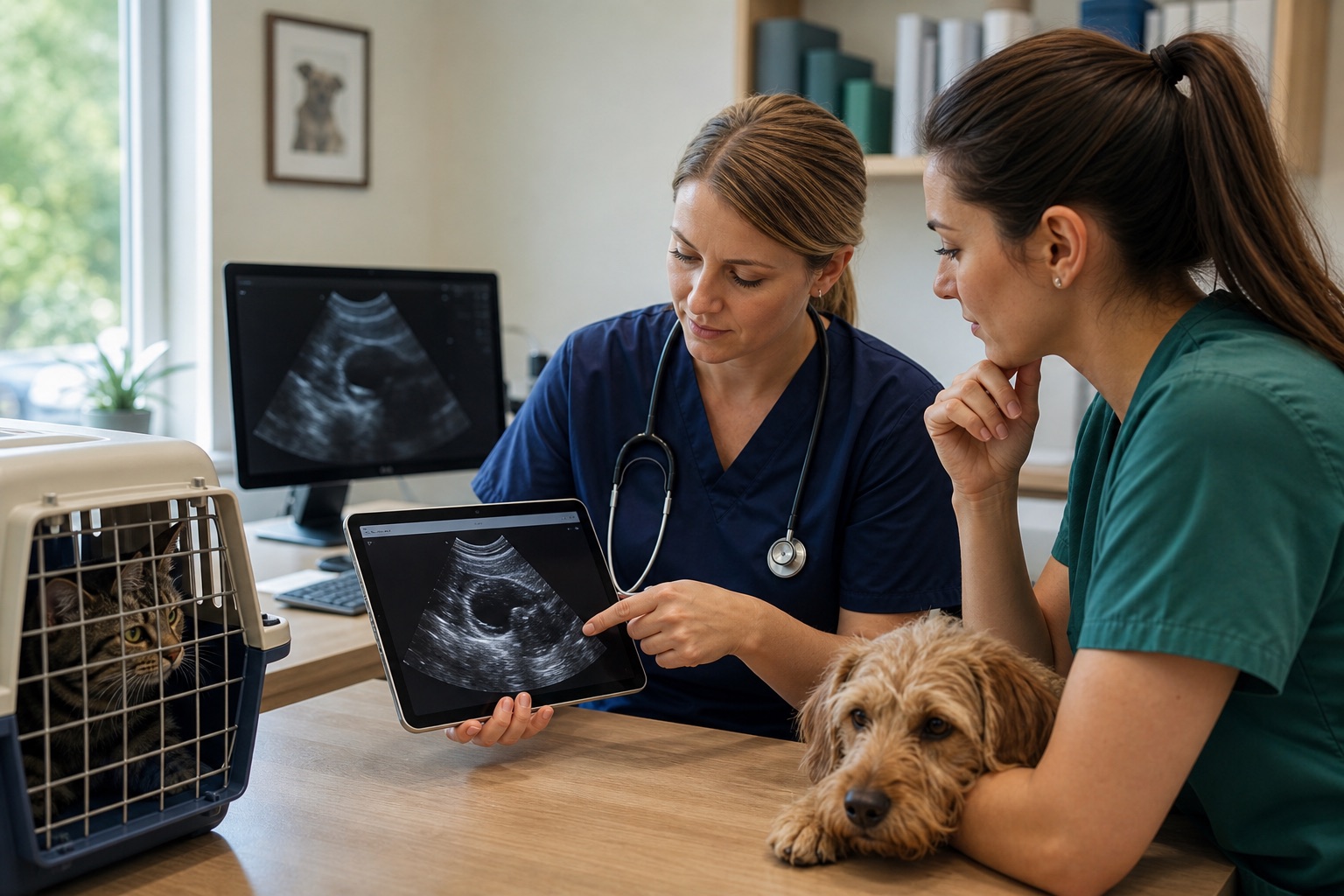 Two veterinary professionals reviewing abdominal ultrasound images and clinical notes during a referral discussion.