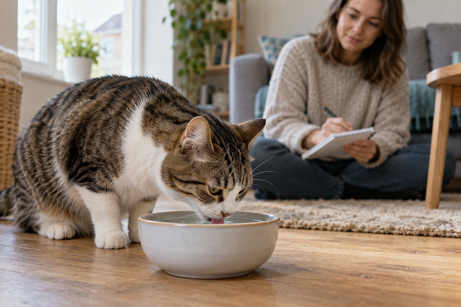 Cat drinking from a ceramic water bowl while its owner observes a change in drinking habits