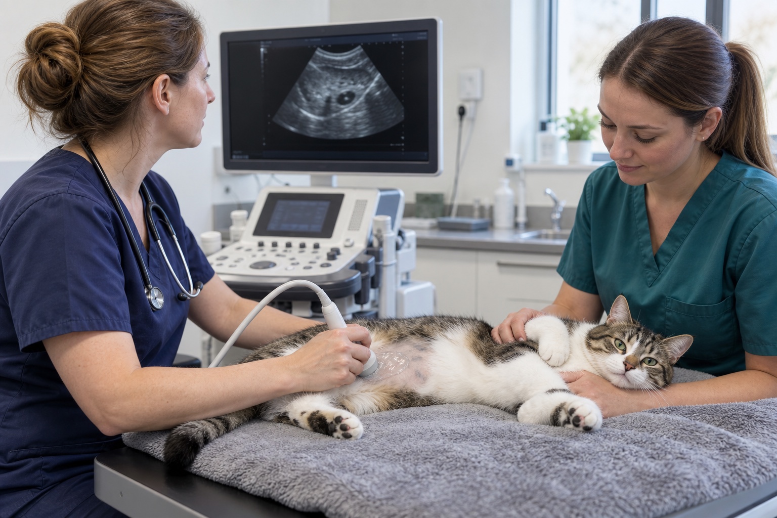 Veterinarian performing an abdominal ultrasound examination on a calm cat supported by a veterinary nurse