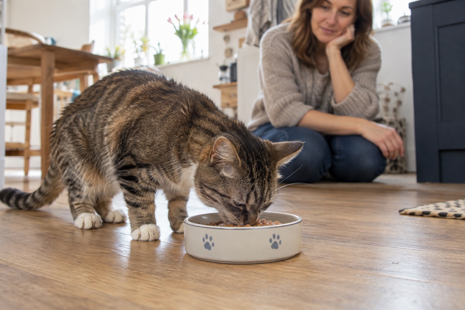Lean tabby cat eating from a bowl at home while its owner observes