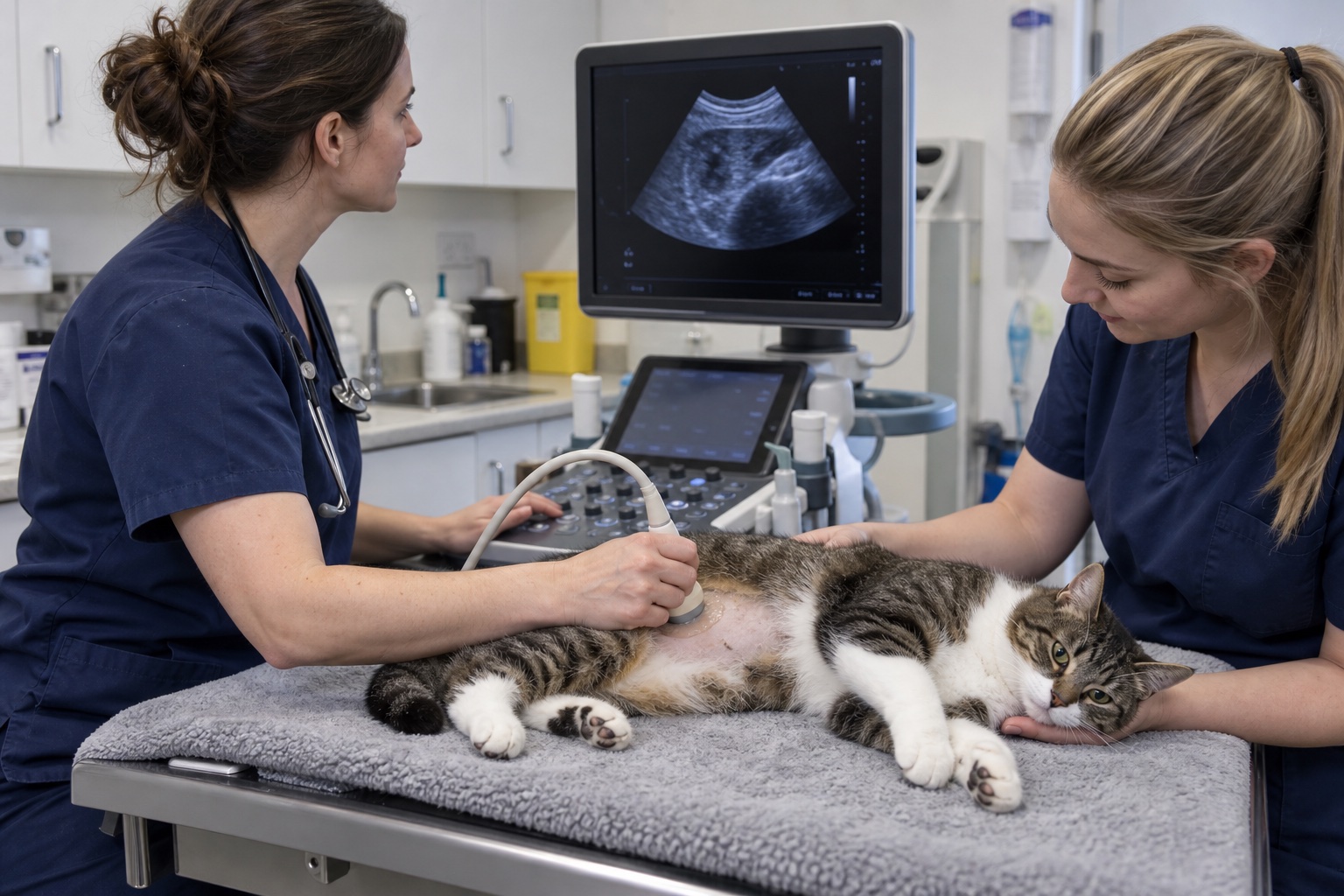 Veterinarian performing an abdominal ultrasound examination on a calm cat
