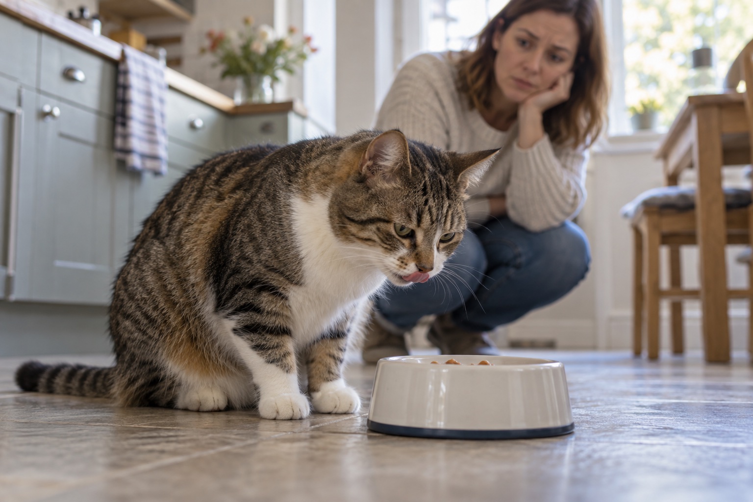 Cat sitting beside its food bowl while its owner watches for signs of nausea