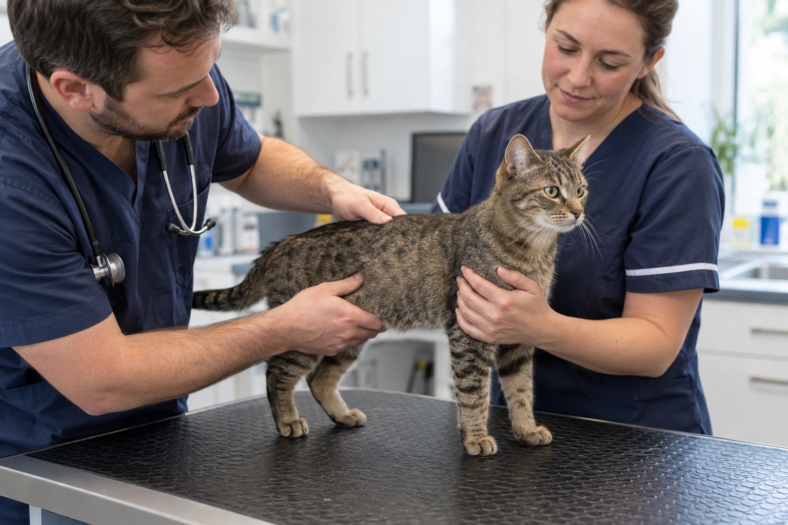 Veterinary team gently examining the abdomen of a calm tabby cat on a padded examination table