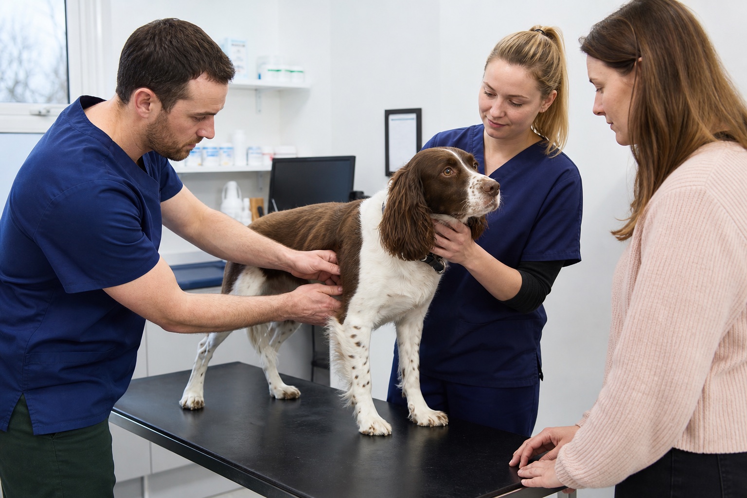 Veterinary surgeon examining the abdomen of a calm spaniel supported by a veterinary nurse while the owner observes