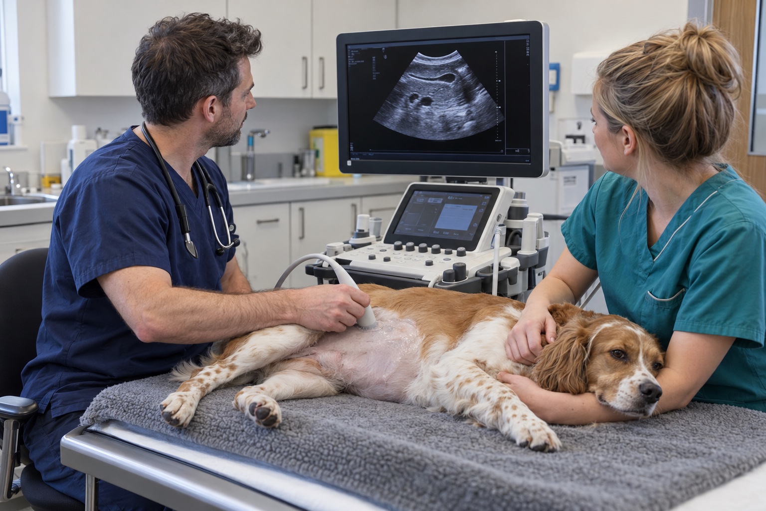 Veterinary surgeon performing an abdominal ultrasound on a calm dog supported by a veterinary nurse