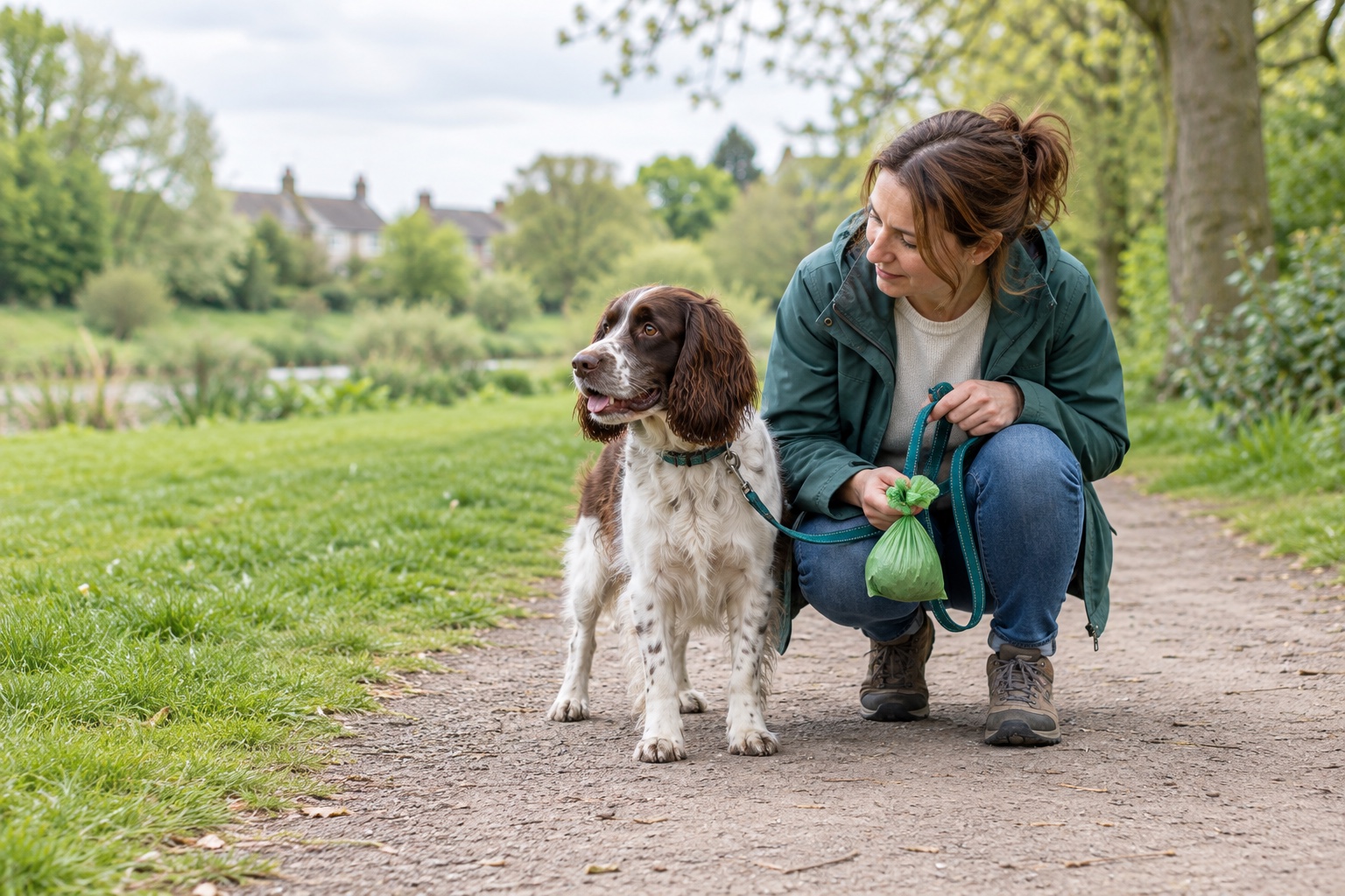 Dog owner observing her spaniel during a walk while holding a sealed waste bag
