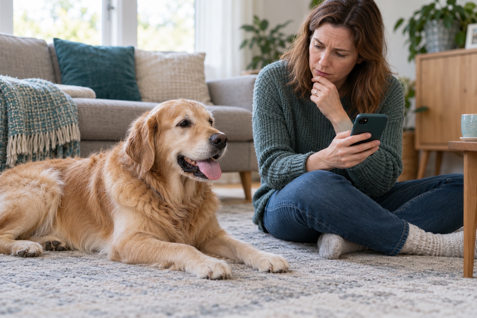 Golden retriever panting while resting indoors as its owner records the episode