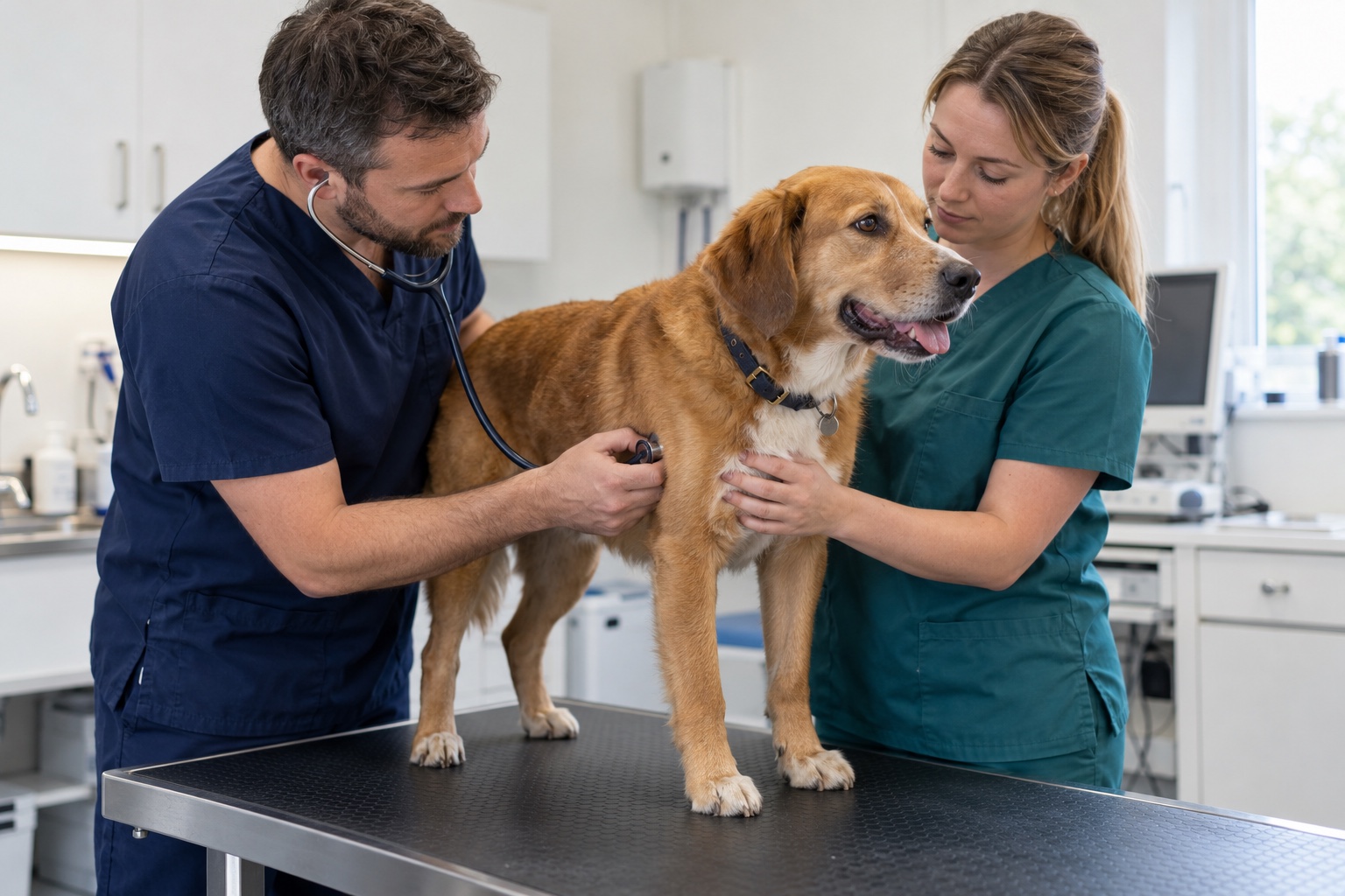 Veterinary surgeon listening to the chest of a calm panting dog supported by a veterinary nurse